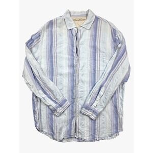 Caribbean Blue White Striped Button Up L/Sleeve Resort Linen Shirt Men's Size XL